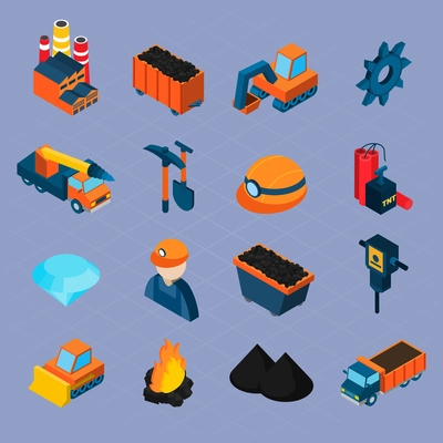 Coal industry isometric icons set with  worker bulldozer mineral extraction isolated vector illustration