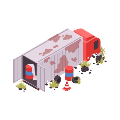 Isometric post apocalypse scene with abandoned damaged dirty van 3d vector illustration