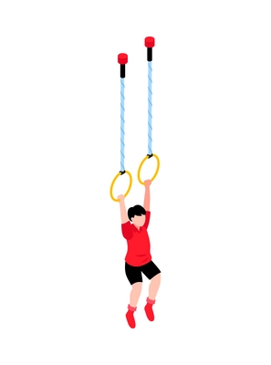 Isometric children home sport equipment icon with boy swinging on rings 3d vector illustration