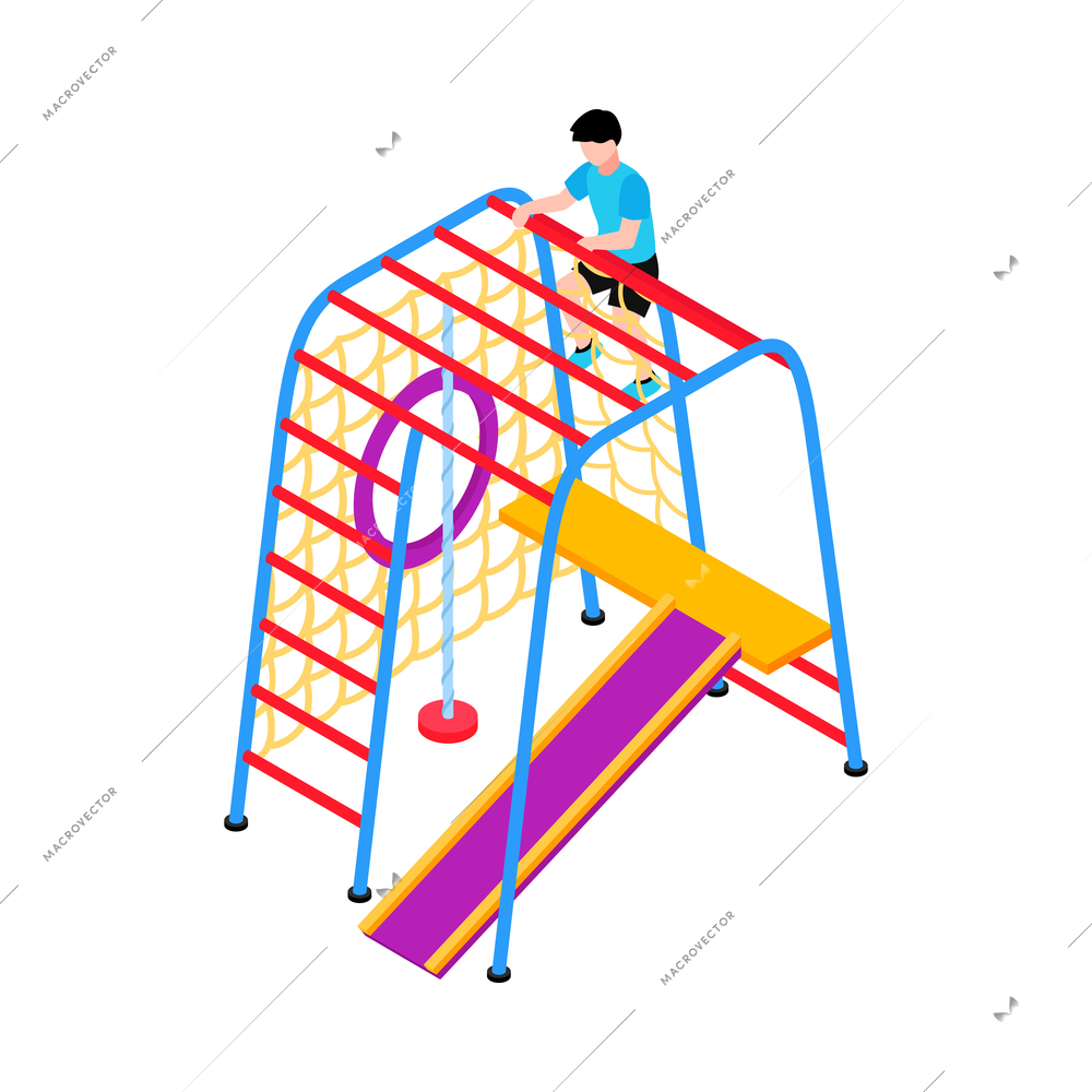 Isometric children sport equipment icon with kid on colorful climbing frame 3d vector illustration