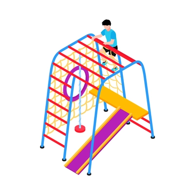 Isometric children sport equipment icon with kid on colorful climbing frame 3d vector illustration