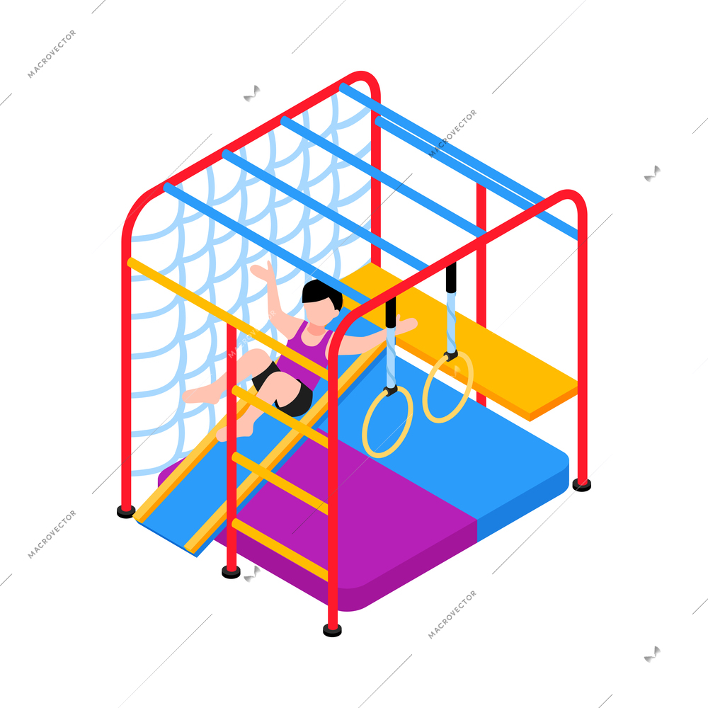 Isometric home sport equipment for children icon with kid going down slide 3d vector illustration