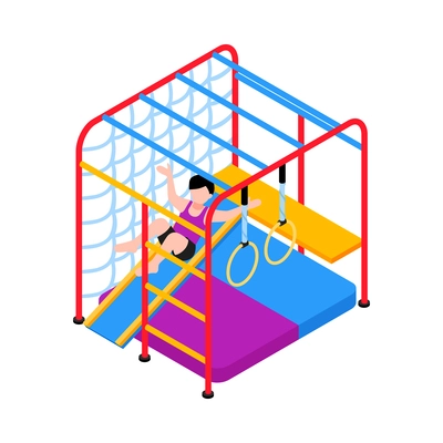 Isometric home sport equipment for children icon with kid going down slide 3d vector illustration