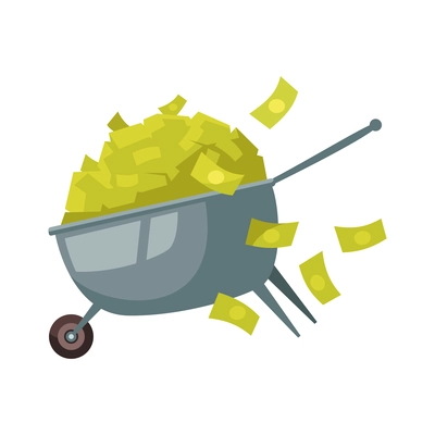 Flat wheelbarrow with money full of banknotes vector illustration