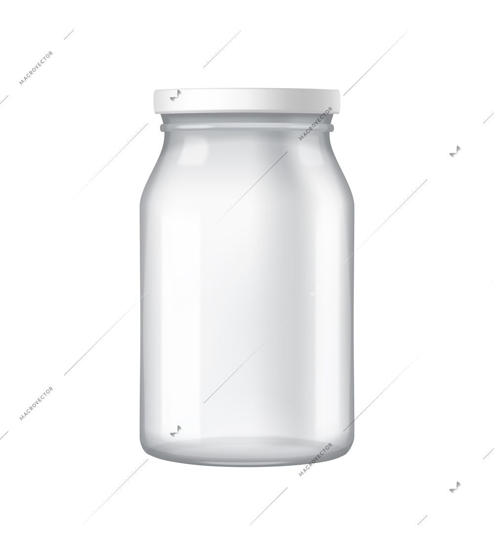 Realistic empty transparent glass jar with cap vector illustration