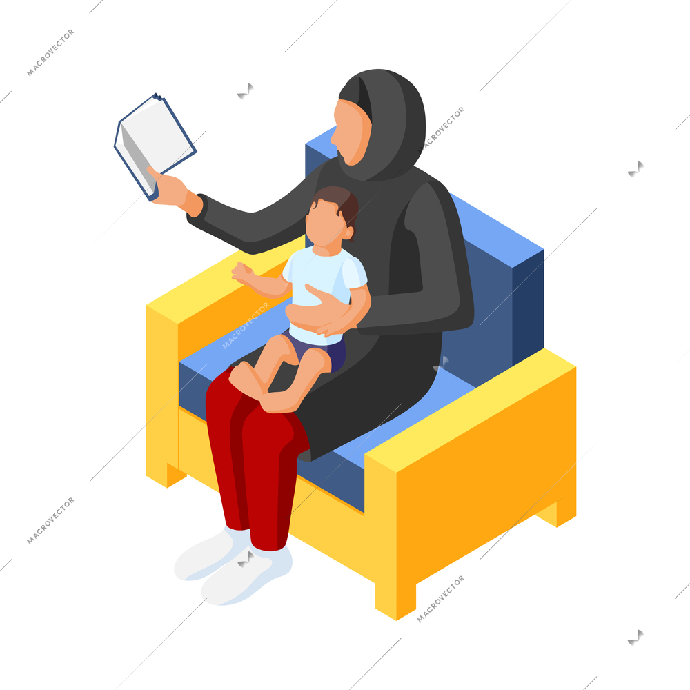 Isometric arabic family icon with woman reading book to her little son 3d vector illustration