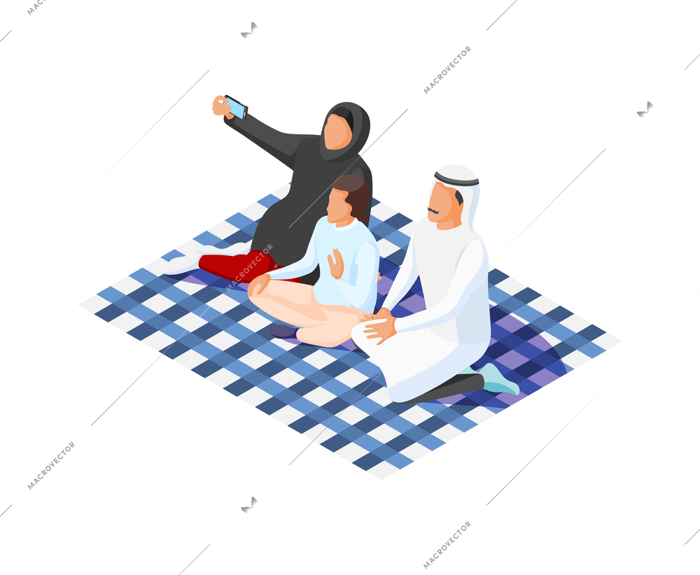 Isometric arabic family having picnic and taking selfie 3d vector illustration
