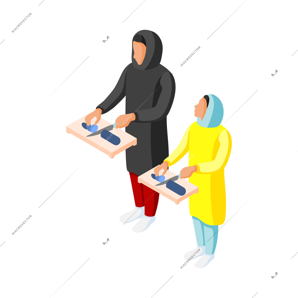 Arabic family icon with mum and daughter cooking together isometric 3d vector illustration