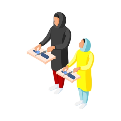 Arabic family icon with mum and daughter cooking together isometric 3d vector illustration