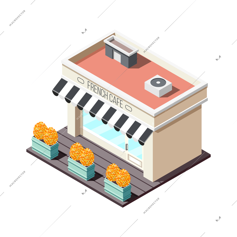 Isometric french cafe building with glass door and flowers in front of entrance 3d vector illustration