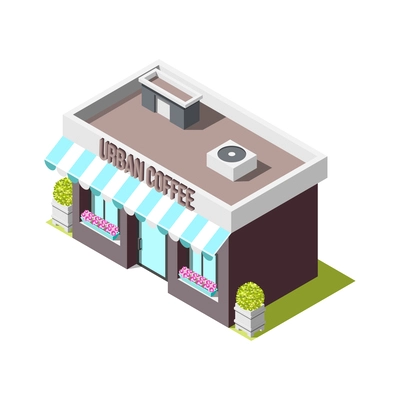 Urban coffee cafe building exterior on white background 3d isometric vector illustration