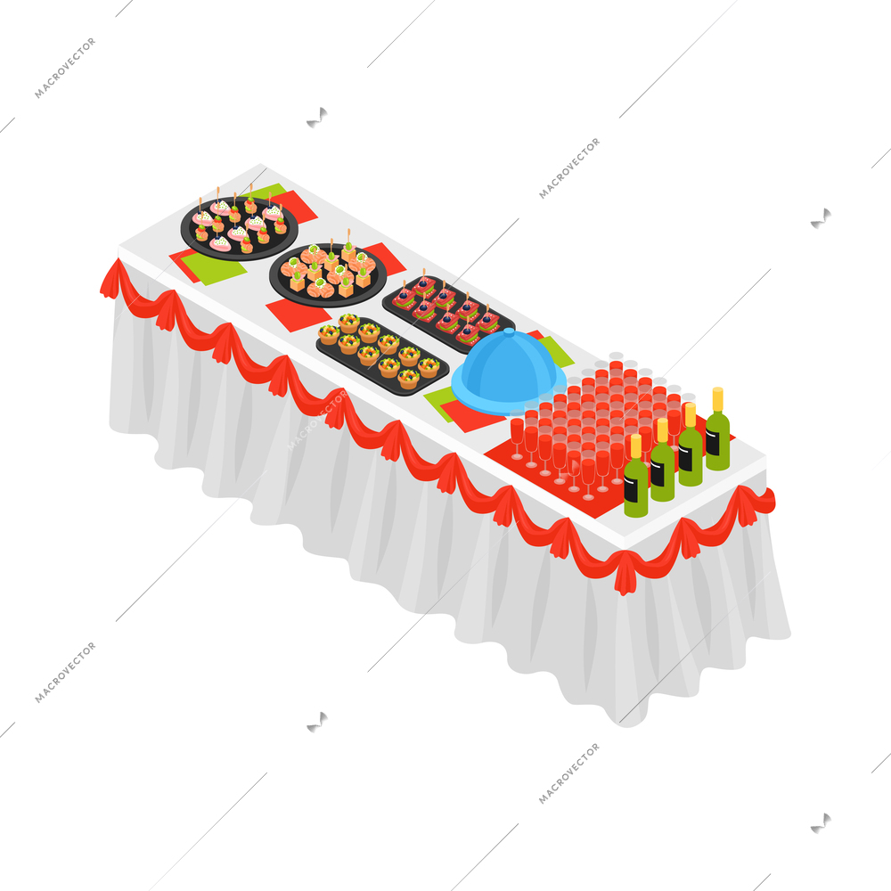 Banquet reception dinner party table with various refreshments 3d isometric vector illustration