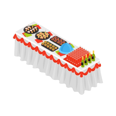 Banquet reception dinner party table with various refreshments 3d isometric vector illustration