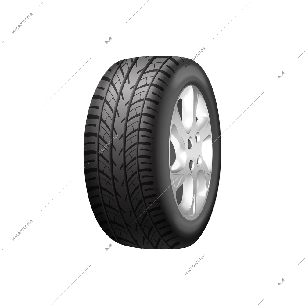 Realistic tyred alloy wheel on white background vector illustration