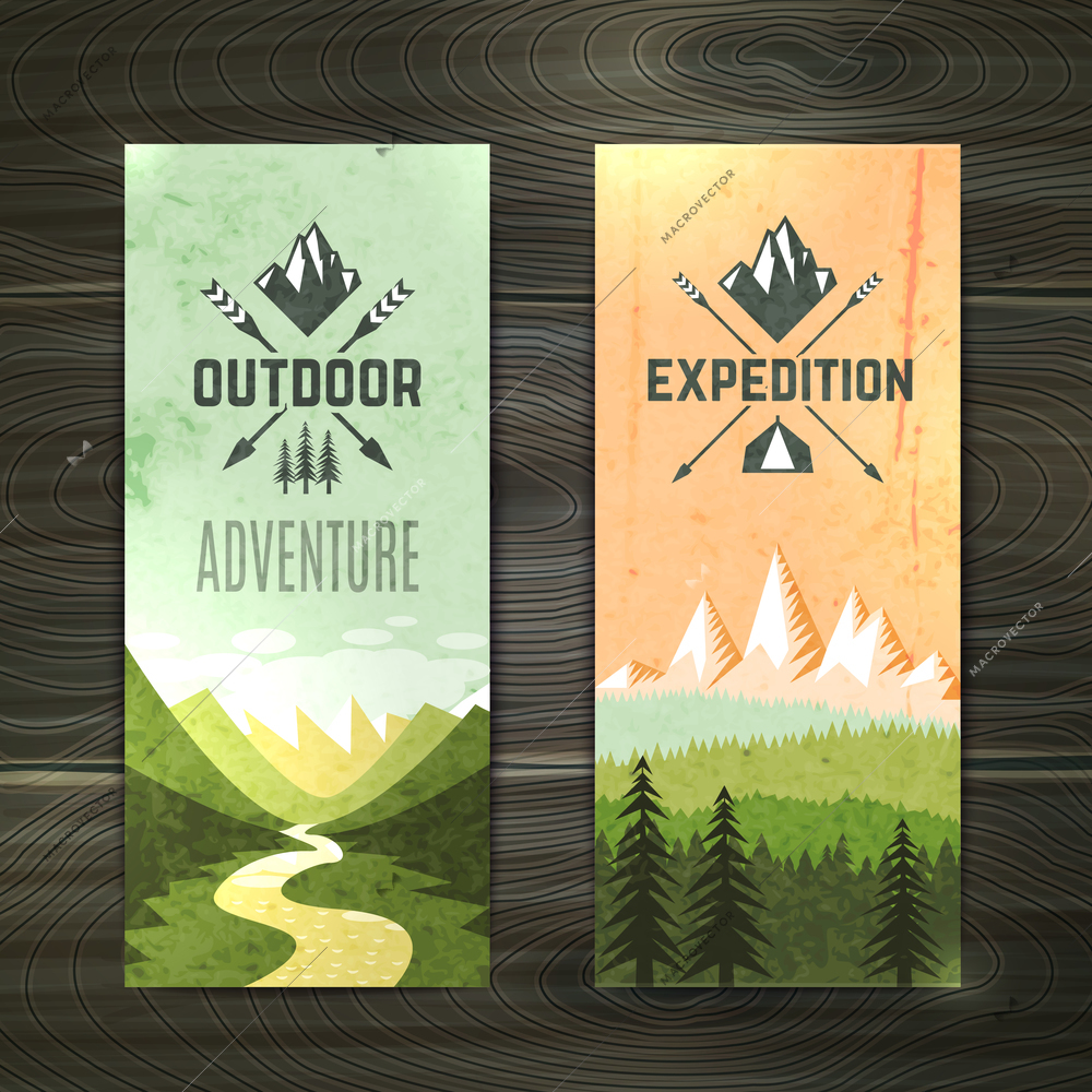 Tourism hiking holidays forest landscape with mountain peaks and two vertical banners set abstract isolated vector illustration