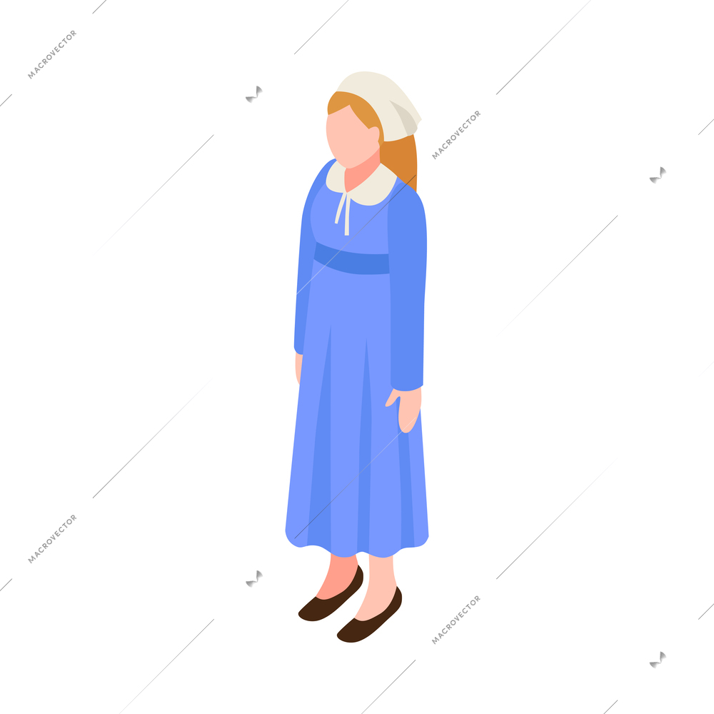 Isometric faceless nun character wearing blue dress vector illustration