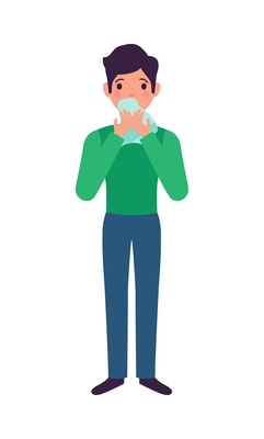 Boy suffering from sneezing and runny nose allergy symptom flat vector illustration