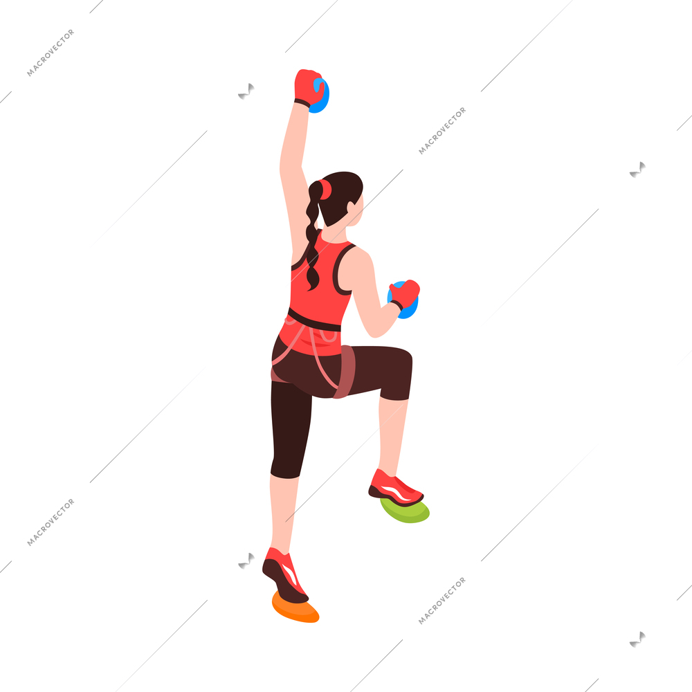 Isometric woman climbing on wall holding on colorful grips back view vector illustration