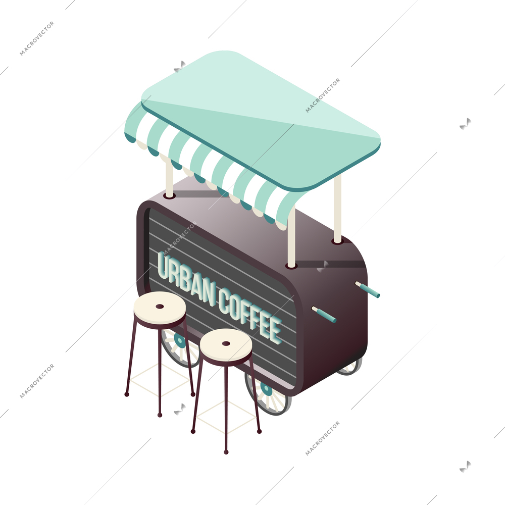 Isometric coffee stall on wheels with tent and two stools 3d vector illustration