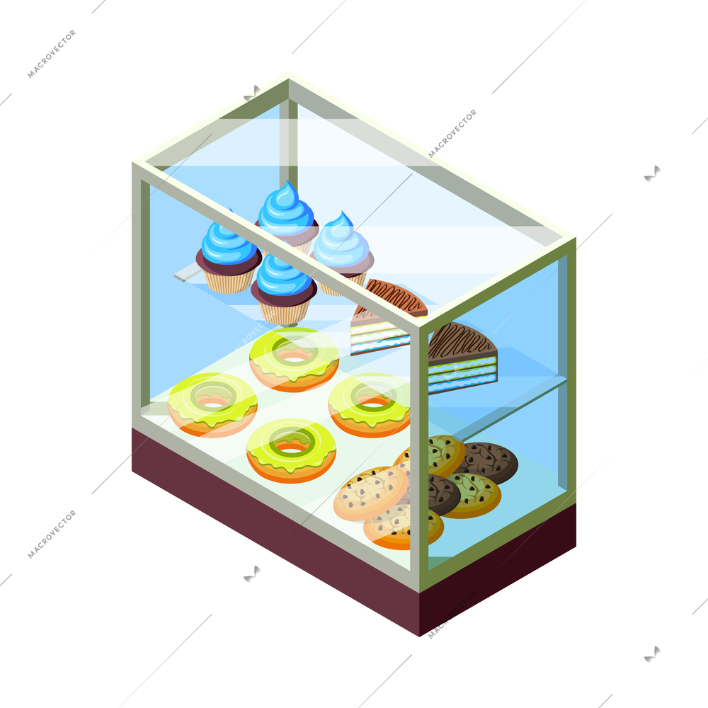 Glass display with desserts for cafe interior isometric icon 3d vector illustration