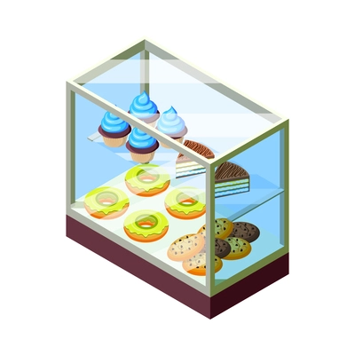 Glass display with desserts for cafe interior isometric icon 3d vector illustration