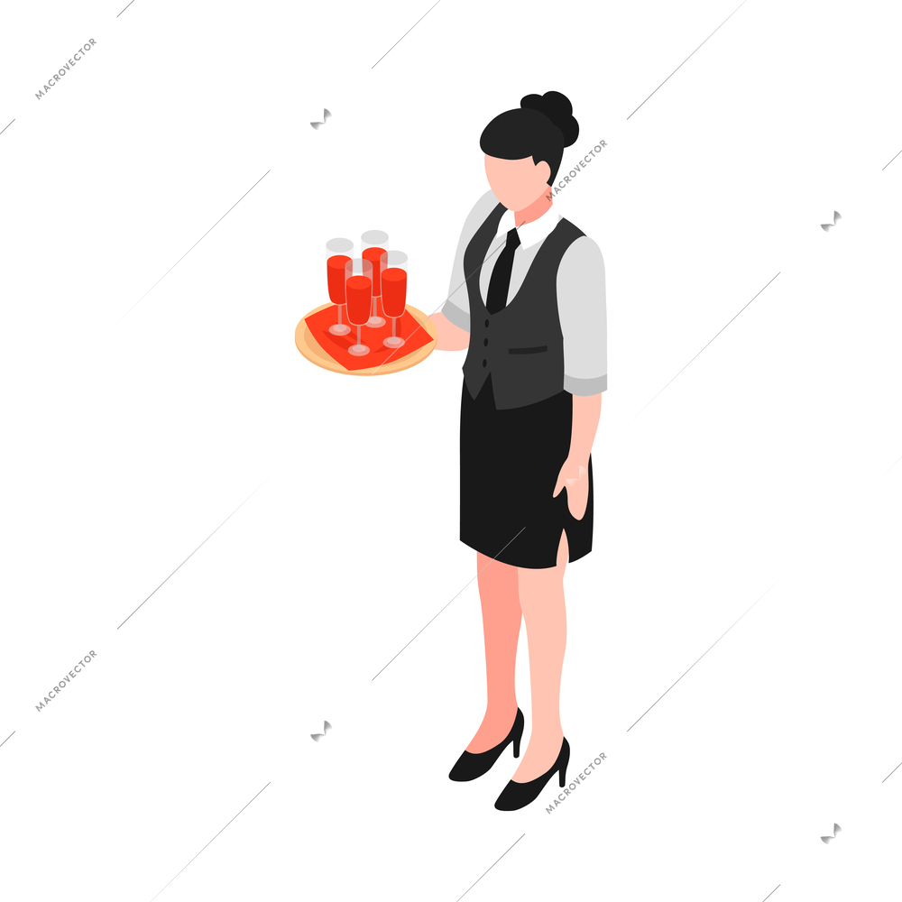 Isometric waitress holding tray with wine glasses 3d vector illustration