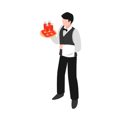 Isometric faceless waiter character holding tray with wine glasses 3d vector illustration