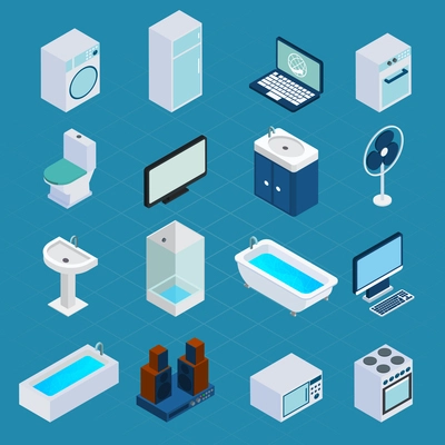 Isometric household appliances set with washing machine refrigerator computer 3d icons isolated vector illustration