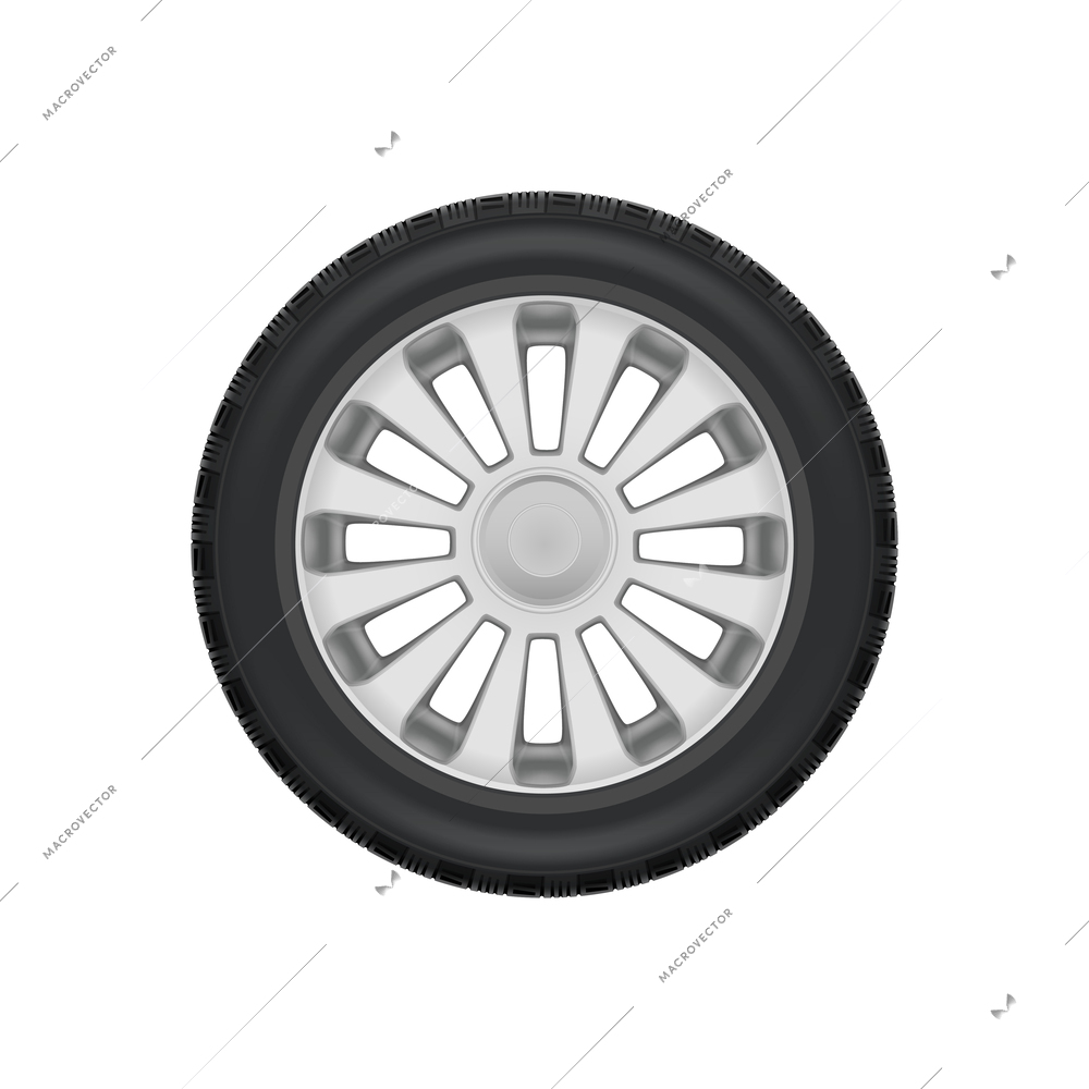 Realistic tyred silver alloy car wheel on white background vector illustration