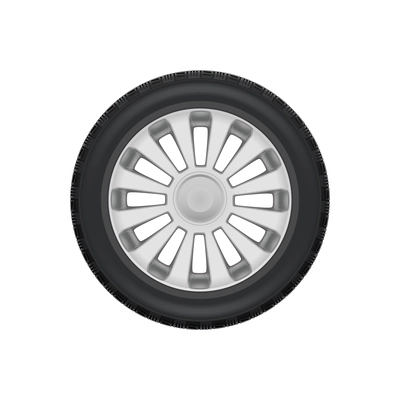Realistic tyred silver alloy car wheel on white background vector illustration