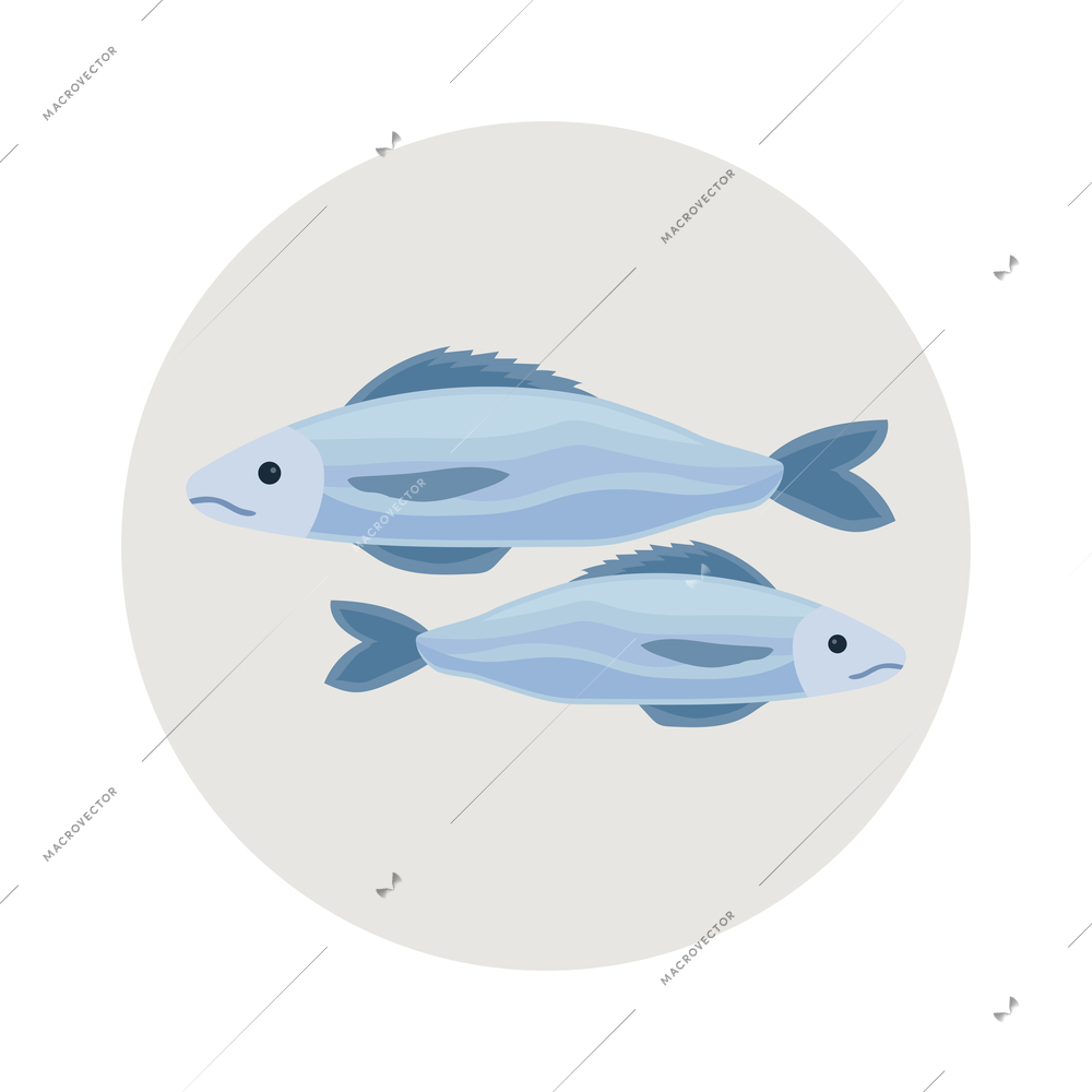 Flat round grey emblem with two fish vector illustration