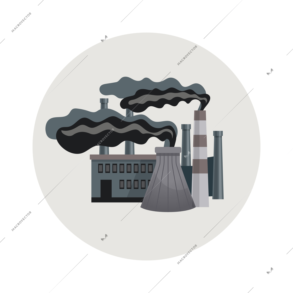 Air pollution round emblem with factory pipes and smoke flat vector illustration