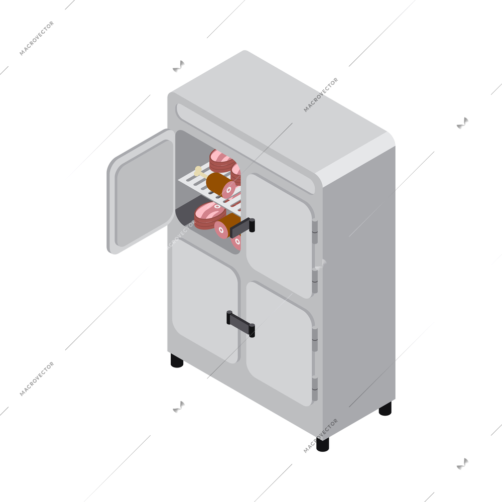 Isometric butchery interior icon with meat products in refrigerator 3d vector illustration