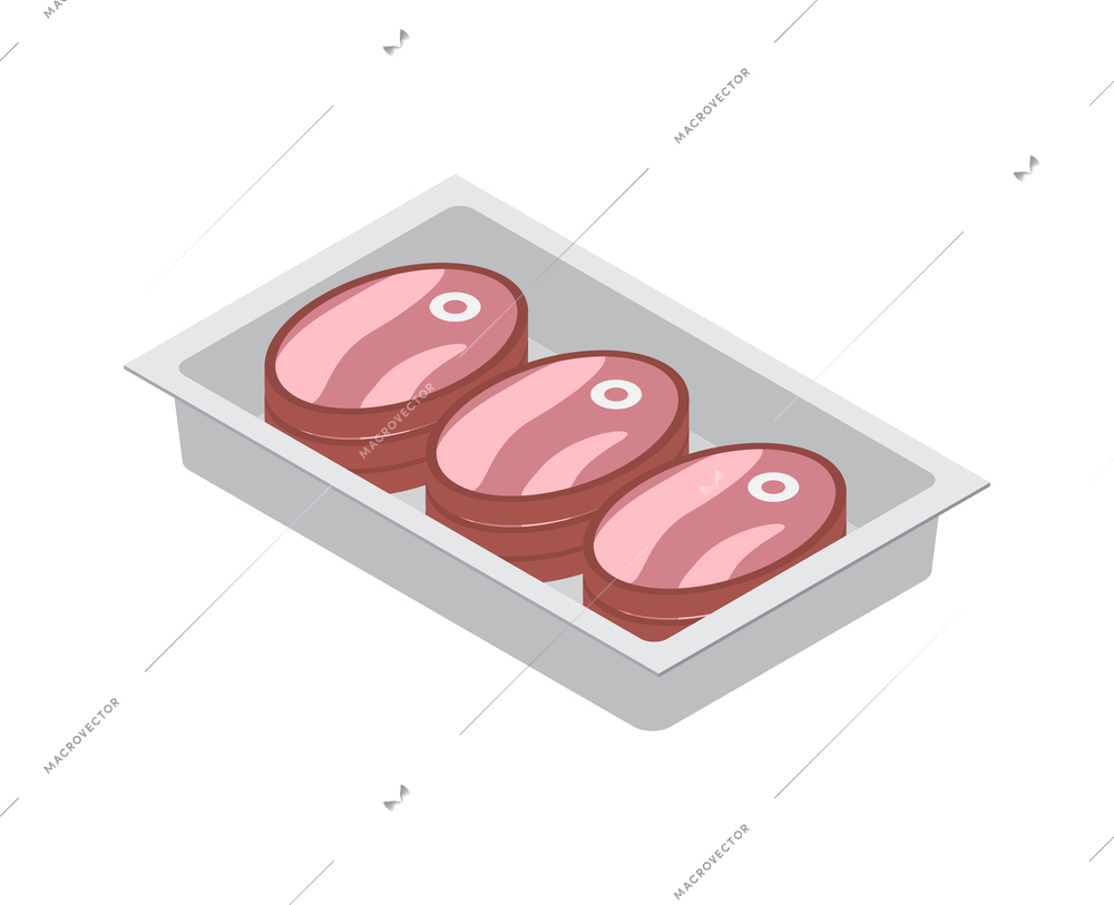 Beef steaks in metal tray isometric icon 3d vector illustration