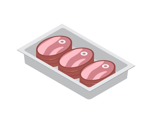 Beef steaks in metal tray isometric icon 3d vector illustration