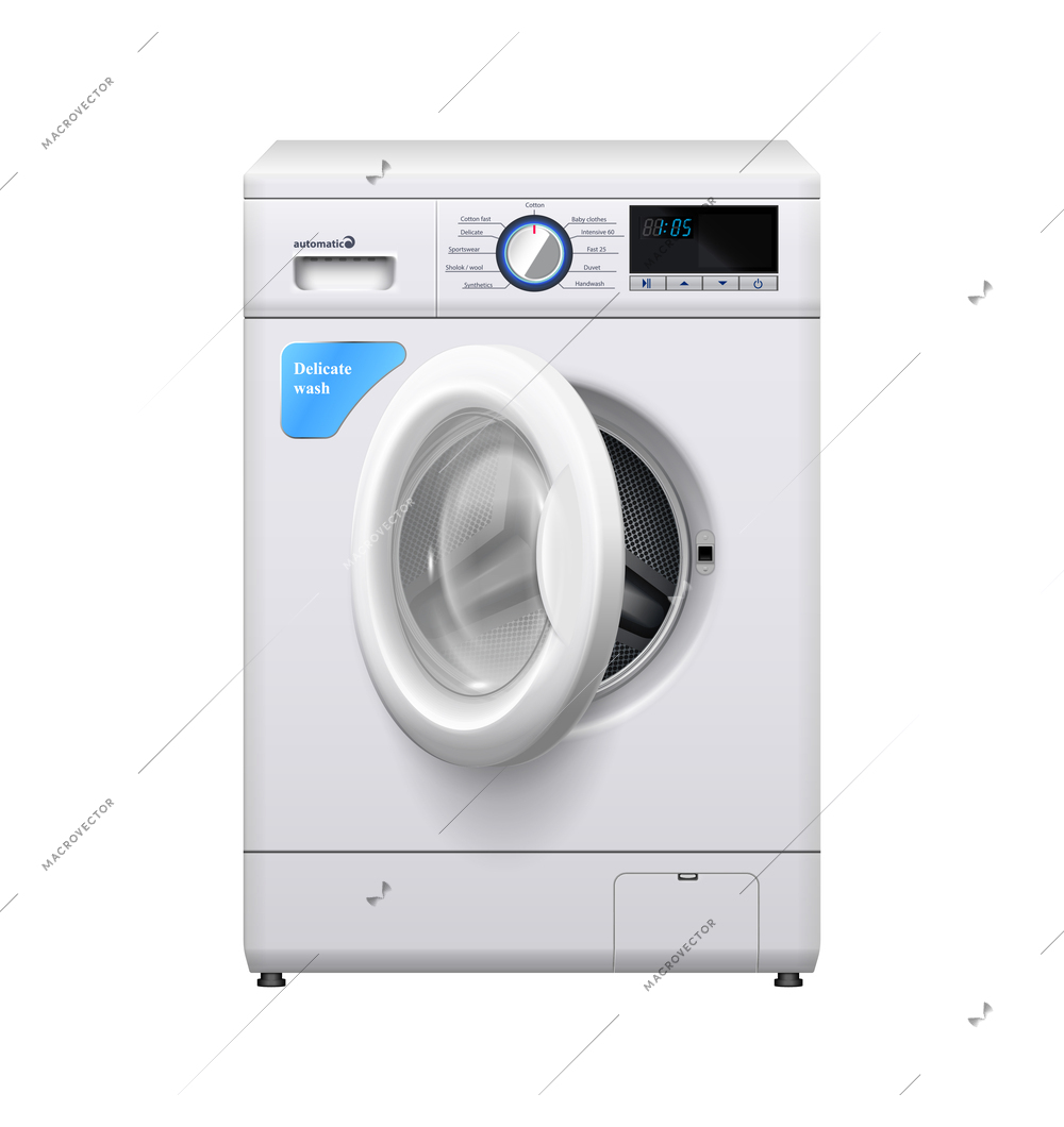 Realistic automatic washing machine with open front door vector illustration