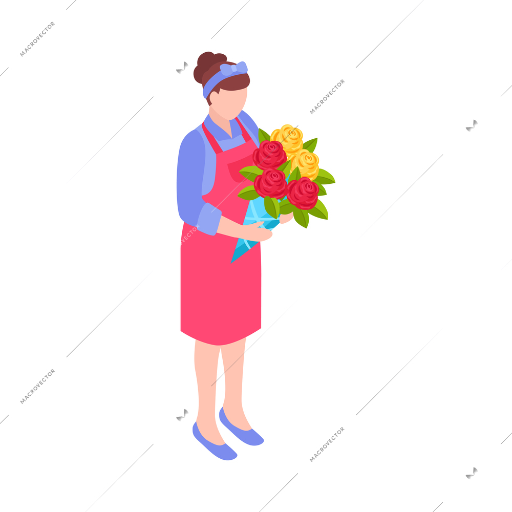 Isometric female florist with bunch of flowers 3d vector illustration