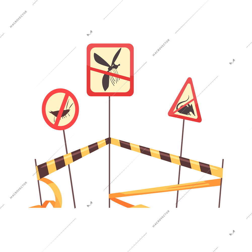 Three caution pest control signs with black and yellow table cartoon vector illustration