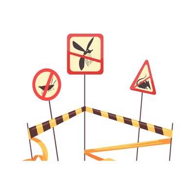 Three caution pest control signs with black and yellow table cartoon vector illustration