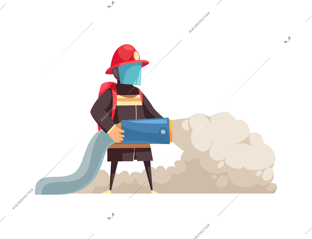 Firefighter putting out fire flat vector illustration