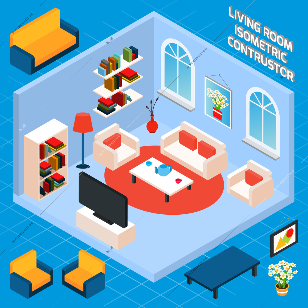 Isometric living room interior set with 3d furniture and domestic elements vector illustration