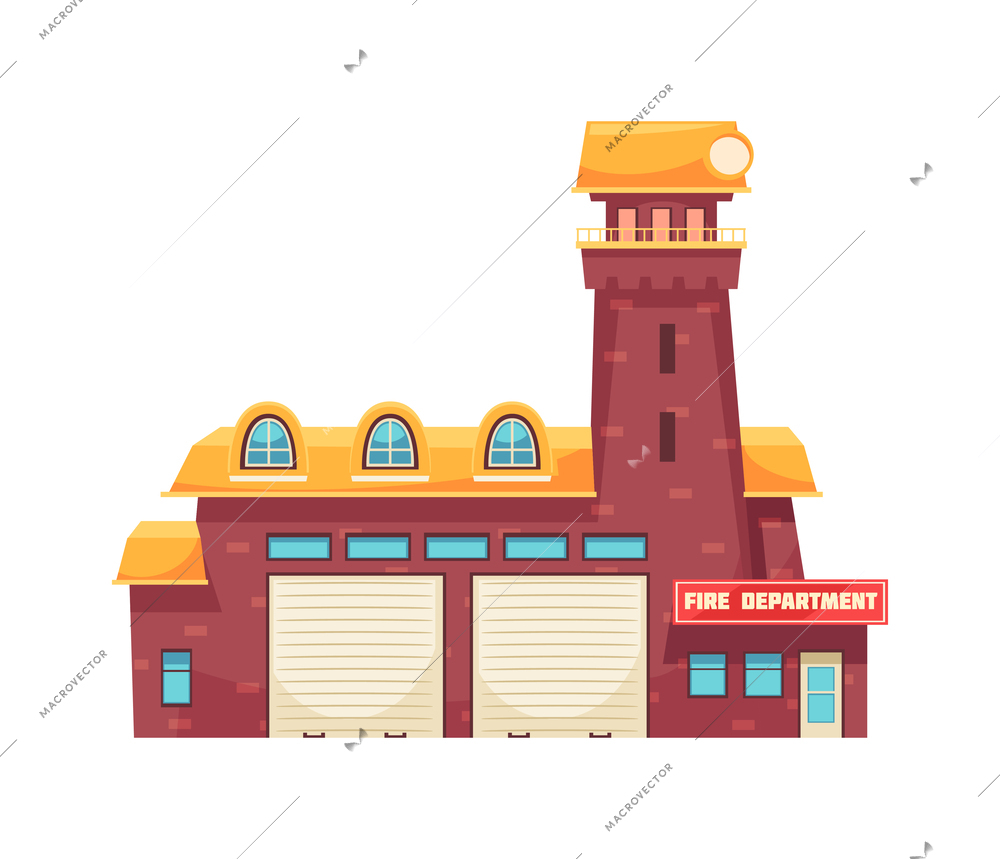 Flat fire station department building exterior with watchtower front view vector illustration