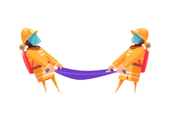 Two firemen in uniform going to catch people flat vector illustration