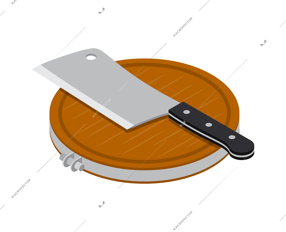 Butcher tools isometric icon with wooden board and cleaver 3d vector illustration