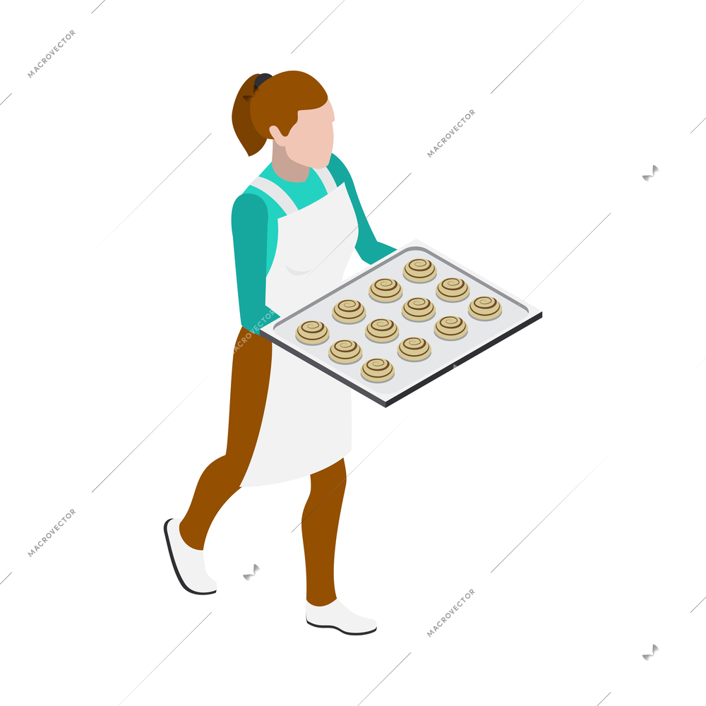 Female baker carrying tray with fresh buns 3d isometric vector illustration