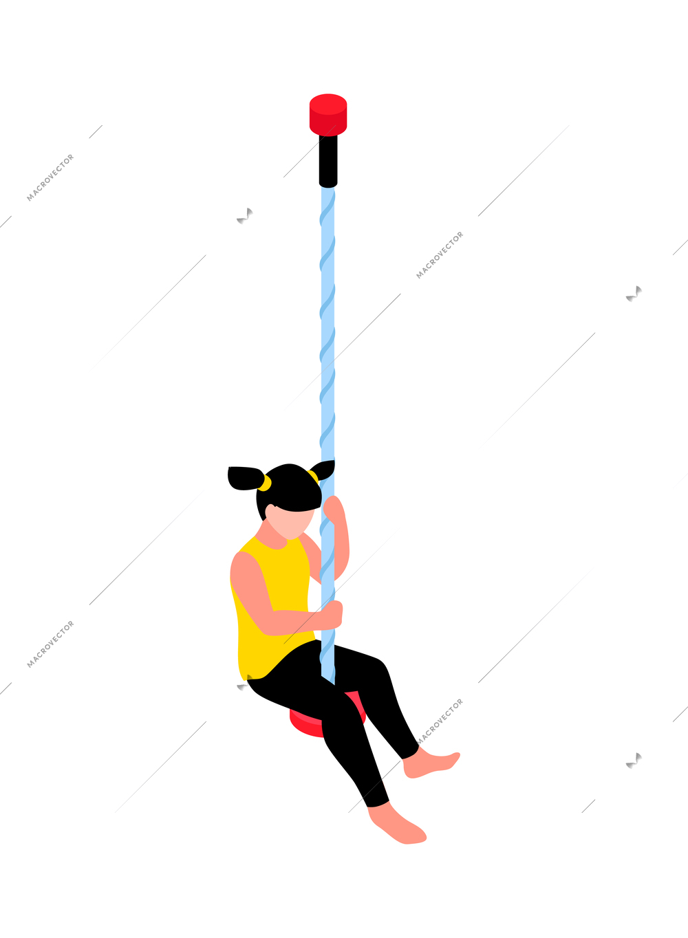 Isometric children home school sport equipment icon with girl swinging on rope vector illustration