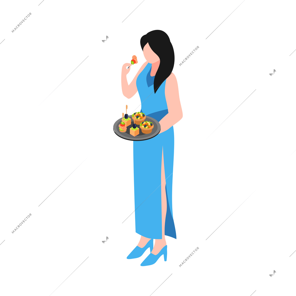 Isometric female banquet party dinner guest holding plate with refreshments 3d vector illustration