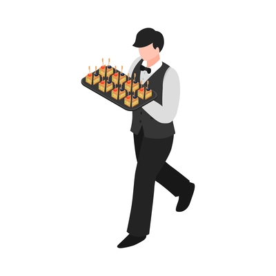 Isometric banquet waiter carrying tray with canapes 3d vector illustration