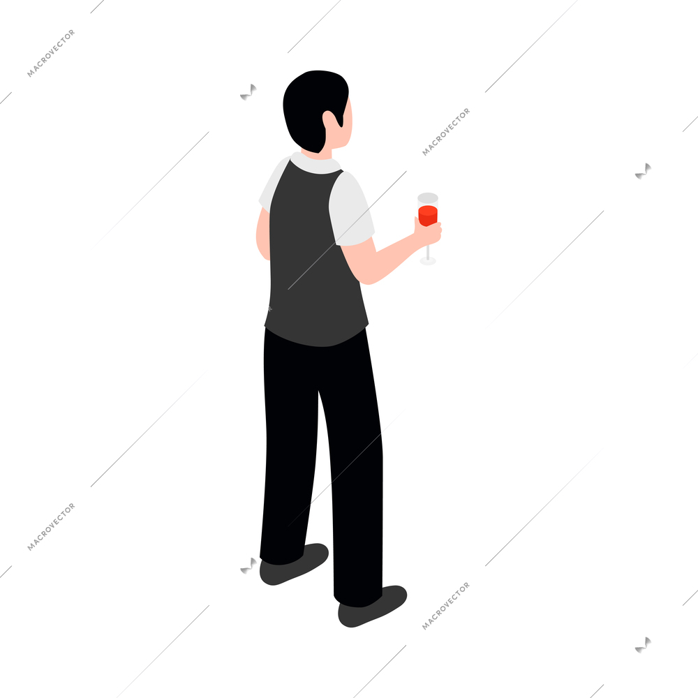 Isometric male banquet guest with glass of wine back view 3d vector illustration