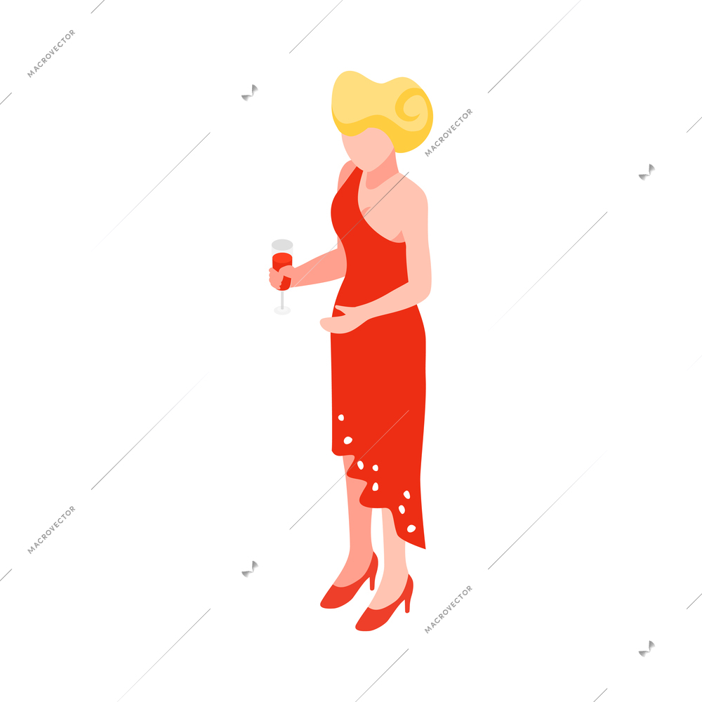 Isometric female banquet guest wearing red gown with glass of wine vector illustration